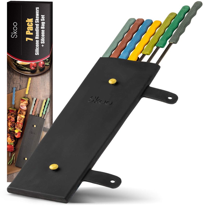Skoo Barbecue Skewers Set - 7 Silicone Handled Stainless Steel BBQ Skewers + Silicone Storage Bag - 14" Flat Metal Shish Kebab Skewers for Grilling - Reusable Grill Kabob Skewer Sticks + Rollable Bag - Image 1